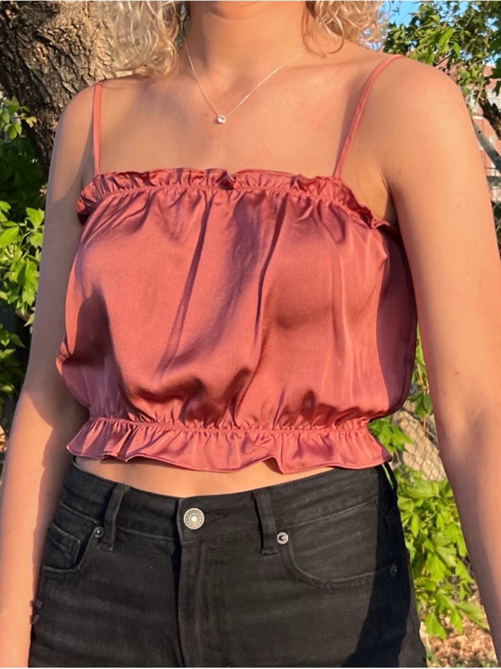 Satin Ruffle Crop Cami Top - Rose